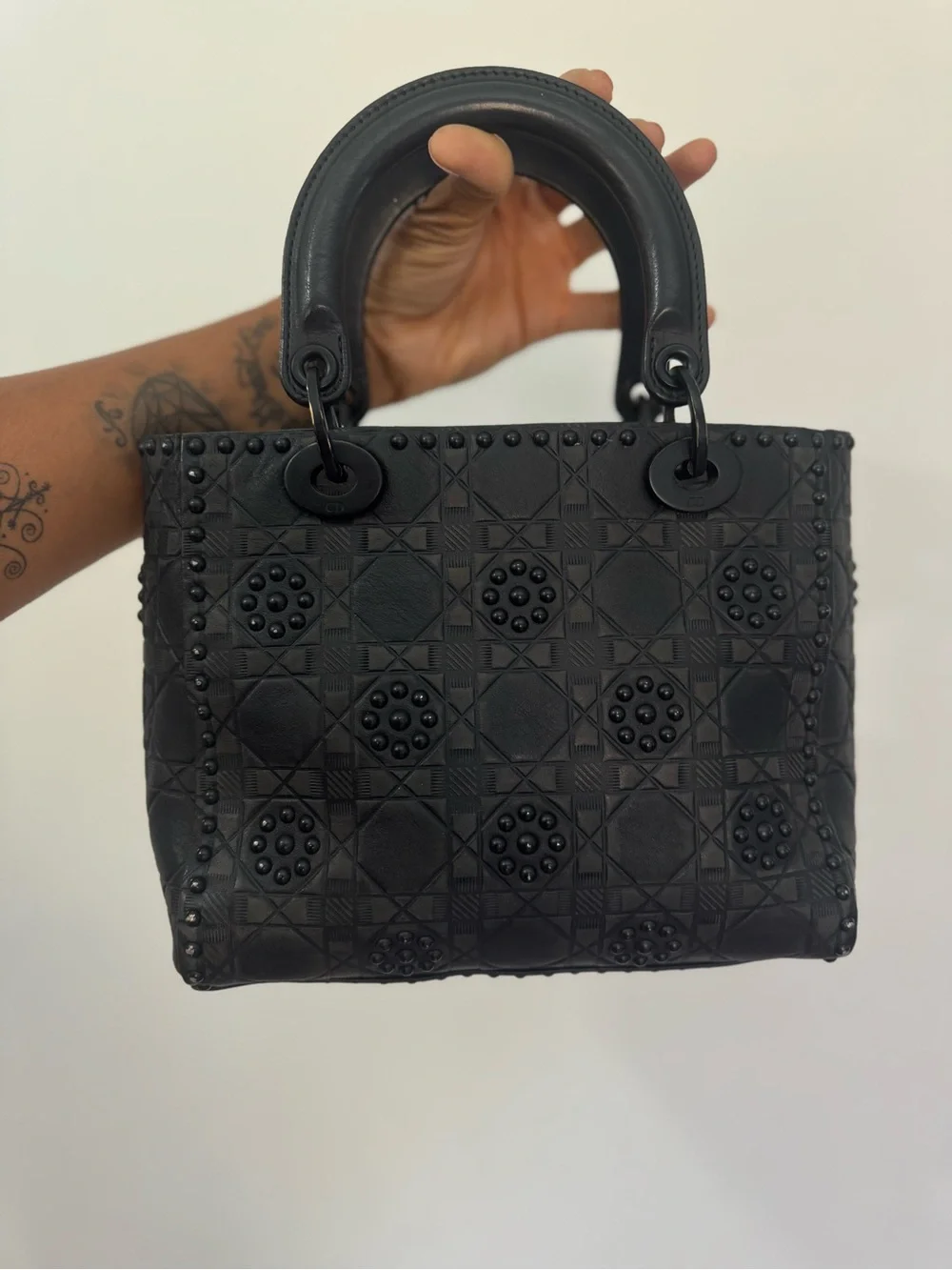 Authentic Dior Lady Dior Medium Matte Black Studded 2 way Bag 2018
